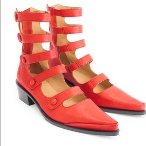 John Fluevog red Strappy Leather Ankle Boots